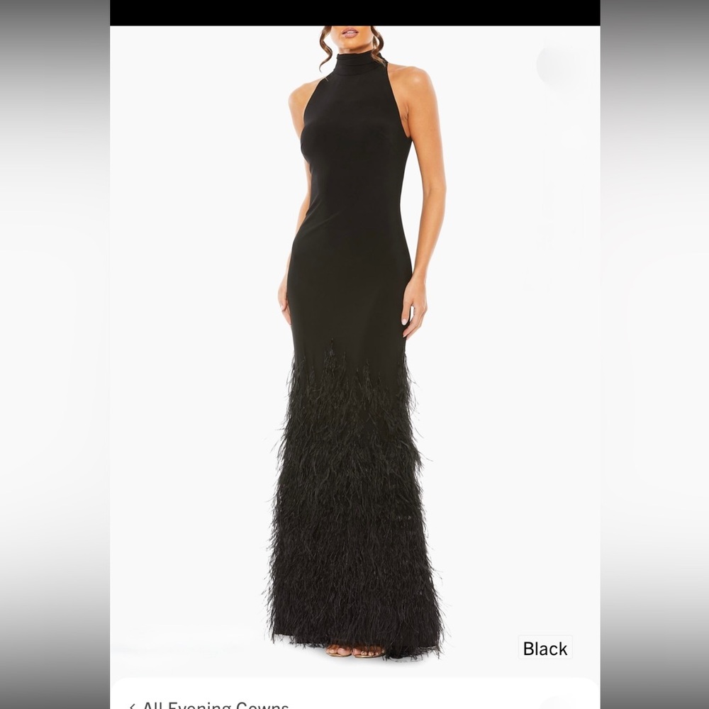 Mac Duggal Feathered Jersey Halter Gown